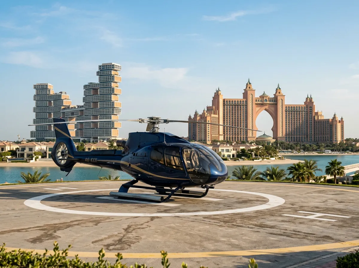 Navy-blue and gold helicopter on the Atlantis helipad at the Palm Jumeirah, Dubai