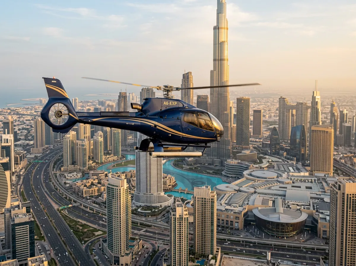 Helicopter flying past the Burj Khalifa over Downtown Dubai at golden hour