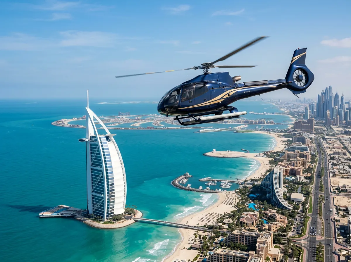 Helicopter cruising along the Jumeirah coastline past the Burj Al Arab