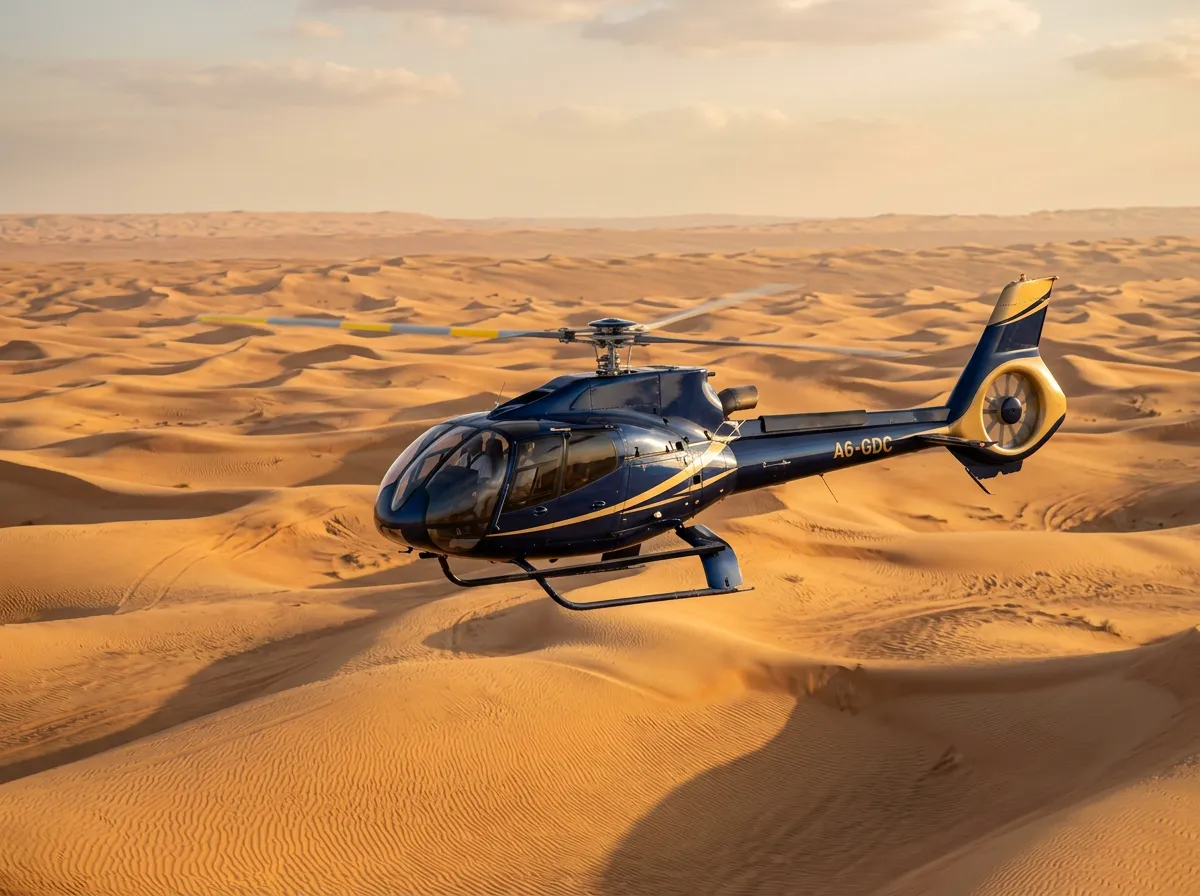 Helicopter flying low over the golden Dubai desert dunes