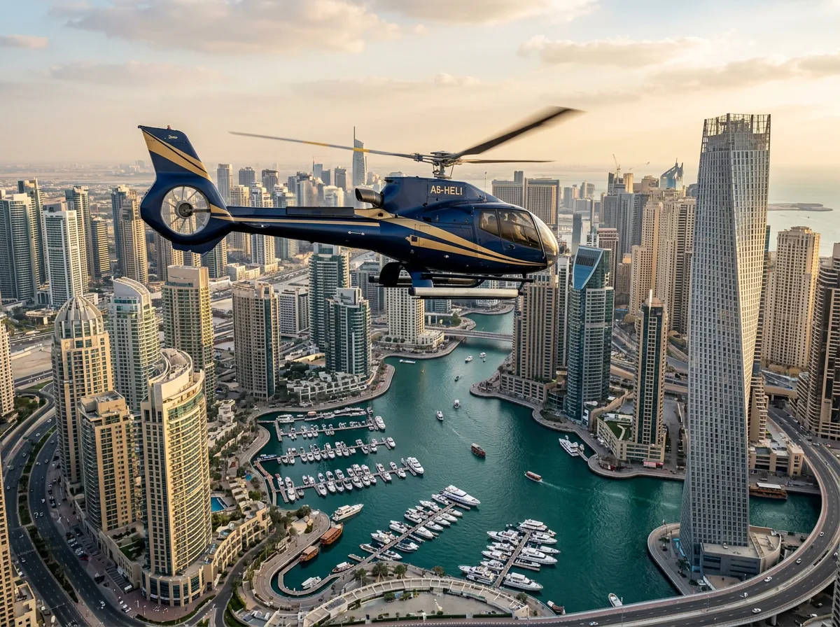 Helicopter flying over the skyscrapers and yachts of Dubai Marina