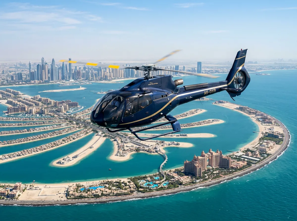 Helicopter in flight over the Palm Jumeirah and Atlantis resort