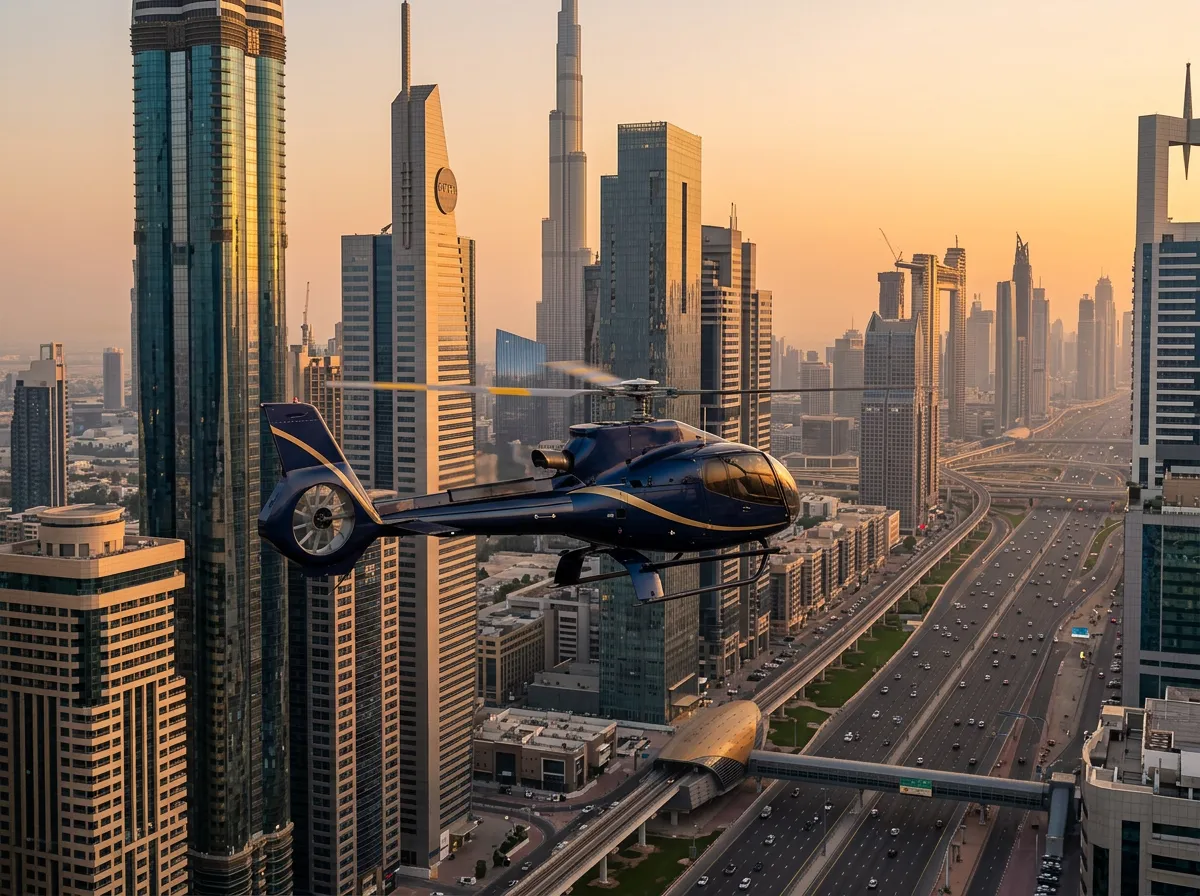 Helicopter banking past the Sheikh Zayed Road skyline at sunset