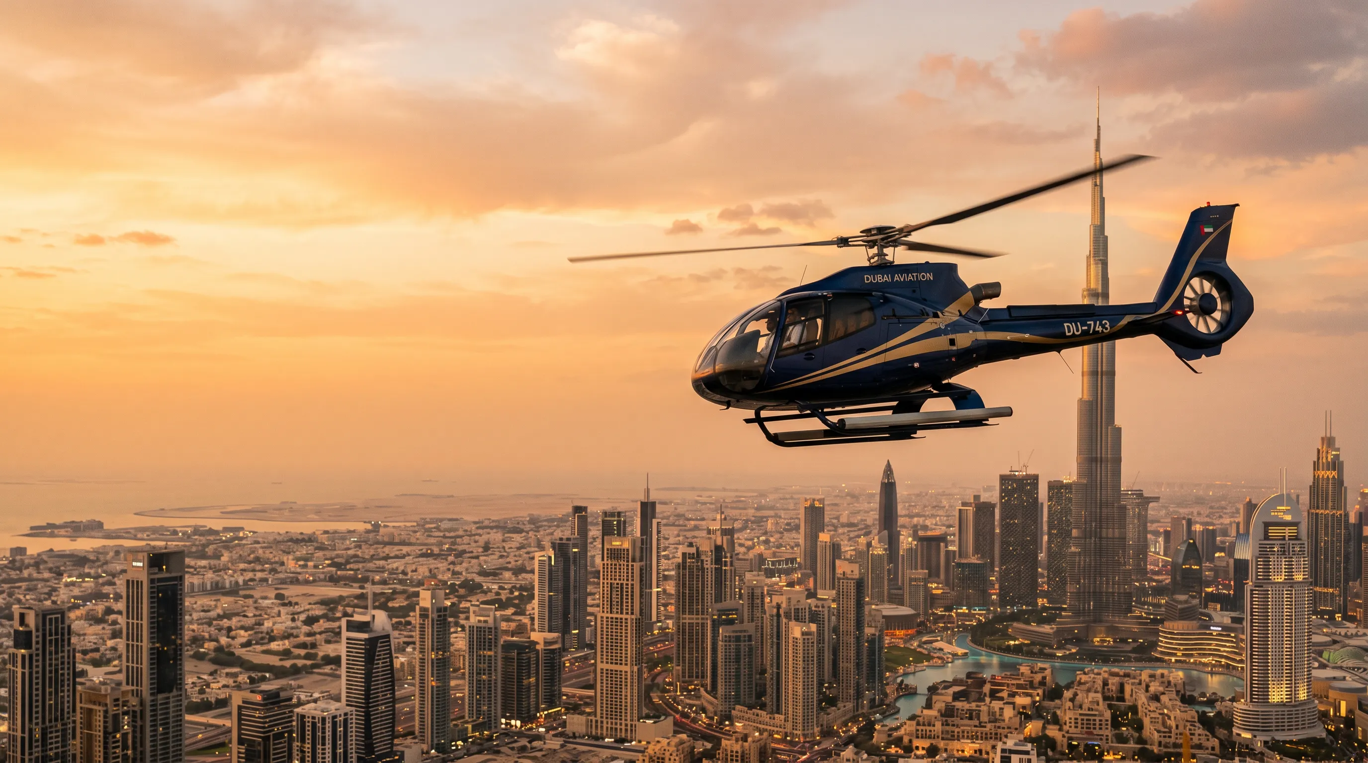 Helicopter flying over Dubai with the Burj Khalifa at golden hour