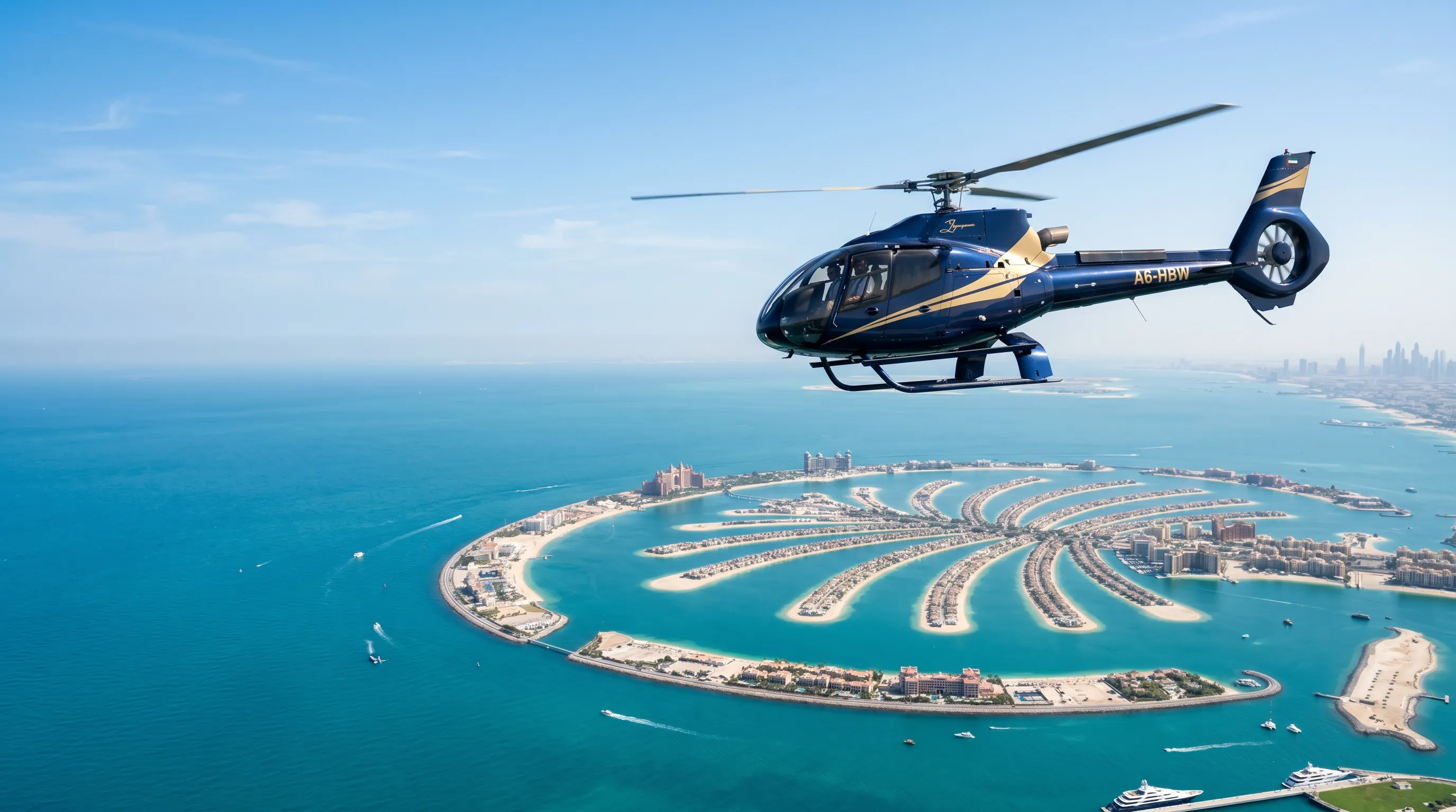 Helicopter soaring over the Palm Jumeirah islands