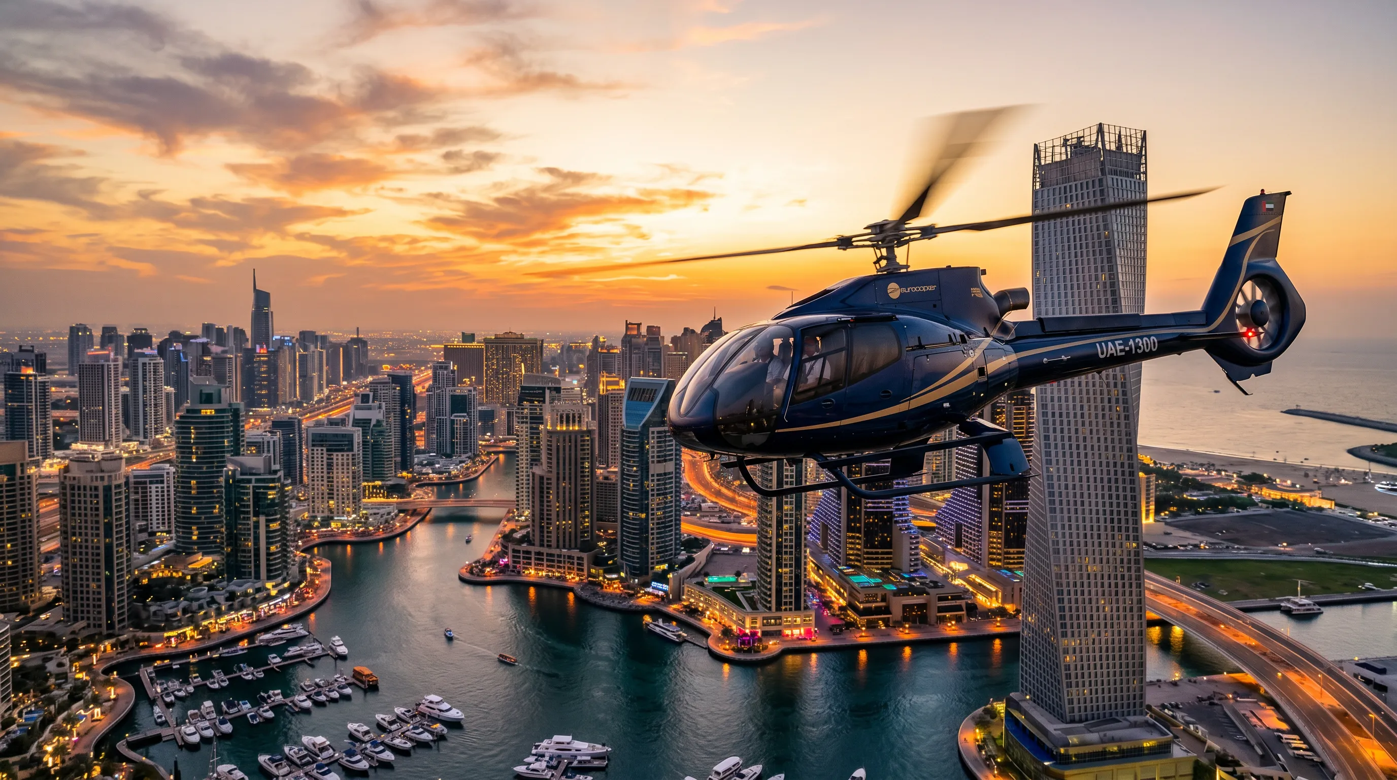 Helicopter over Dubai Marina at sunset
