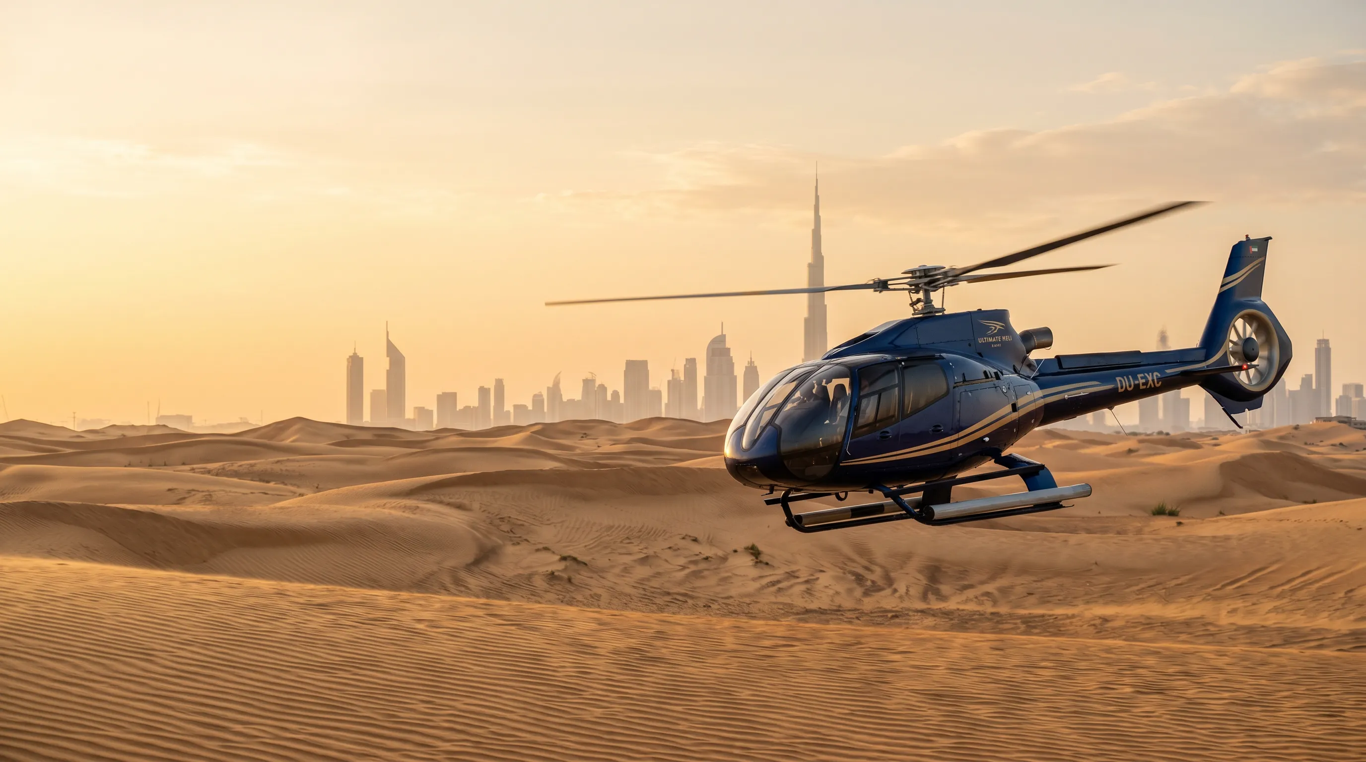 Helicopter flying low over the Dubai desert dunes