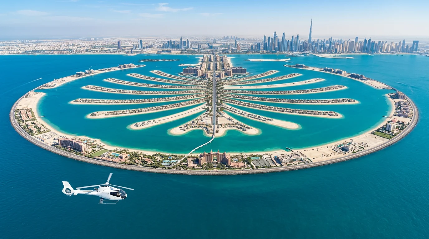 A small white helicopter flying above the Palm Jumeirah, with its trunk, fronds and outer crescent visible below