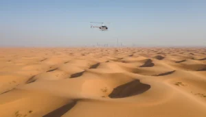 A white helicopter flies over golden desert dunes, with the hazy Dubai skyline and its tallest tower on the horizon