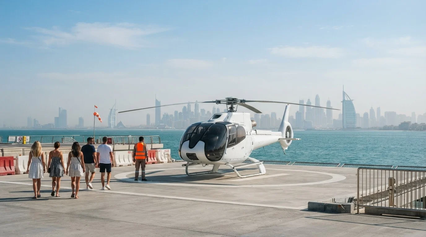 White helicopter on a seaside heliport pad in Dubai with a small group of guests and coastal towers behind