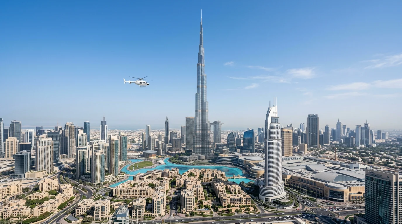 A small white helicopter flies at a distance from Burj Khalifa above Downtown Dubai under a clear blue sky