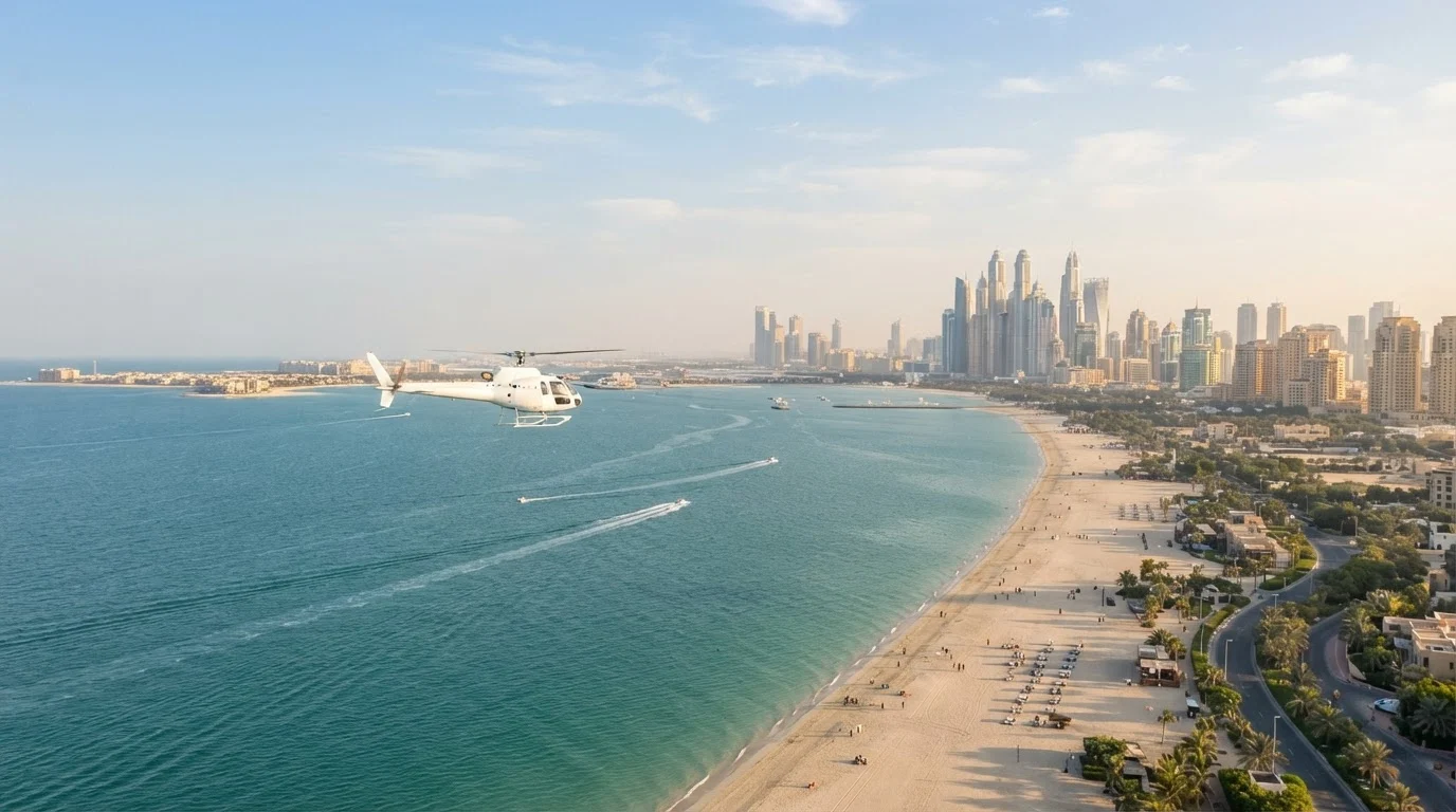 A white helicopter flies along the Jumeirah coastline on a clear winter morning, with the Dubai Marina towers behind