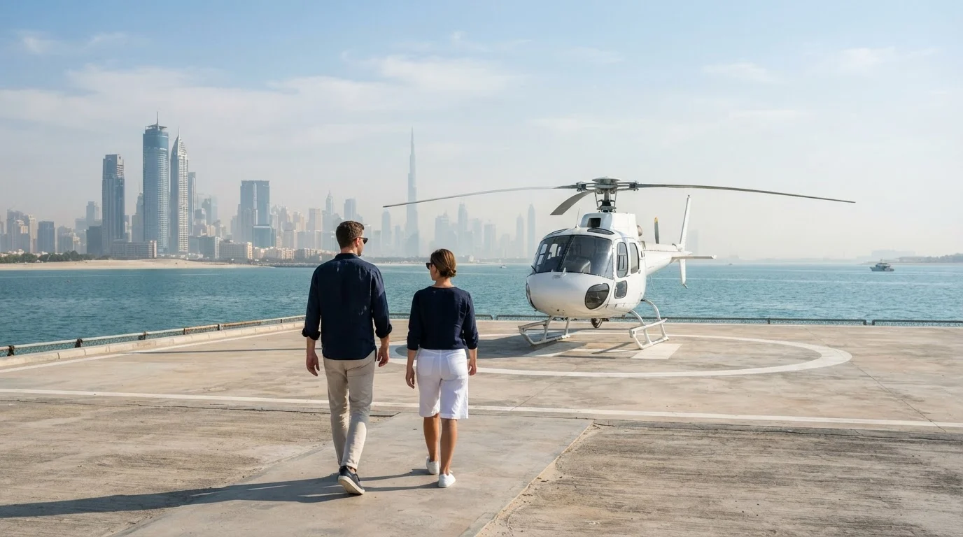 Two travellers in summer clothes and sunglasses walk towards a plain white helicopter on a seaside helipad