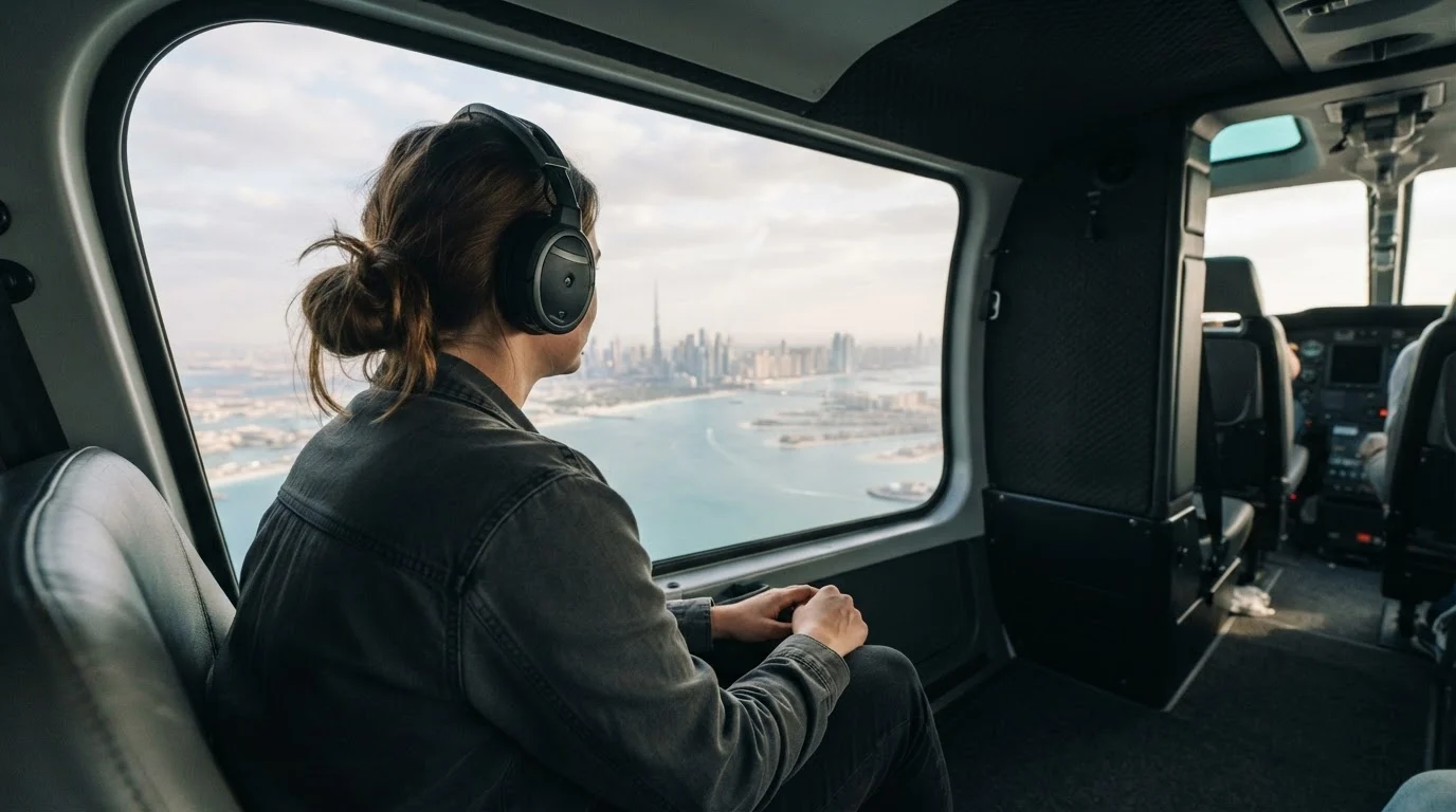 Passenger in a headset, seen from behind, looking out of a large helicopter window at the sea and the Dubai coastline