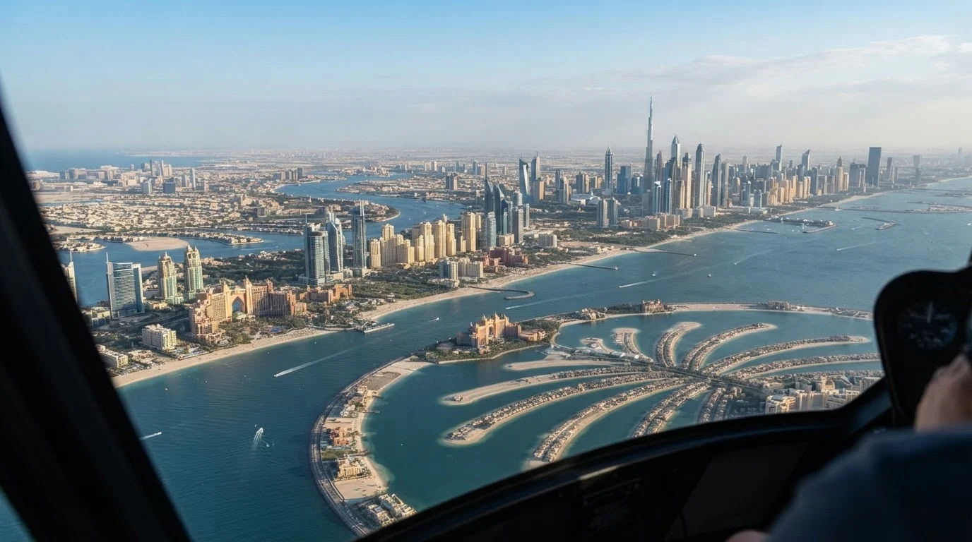 Aerial view of Palm Jumeirah and the Dubai skyline seen from inside a helicopter cockpit on a clear day.