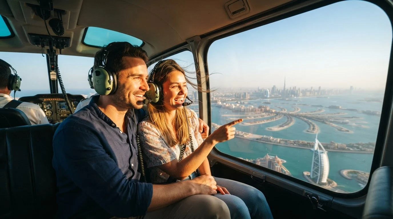 A couple enjoying a scenic helicopter ride for couples Dubai during golden hour, admiring the coast below.