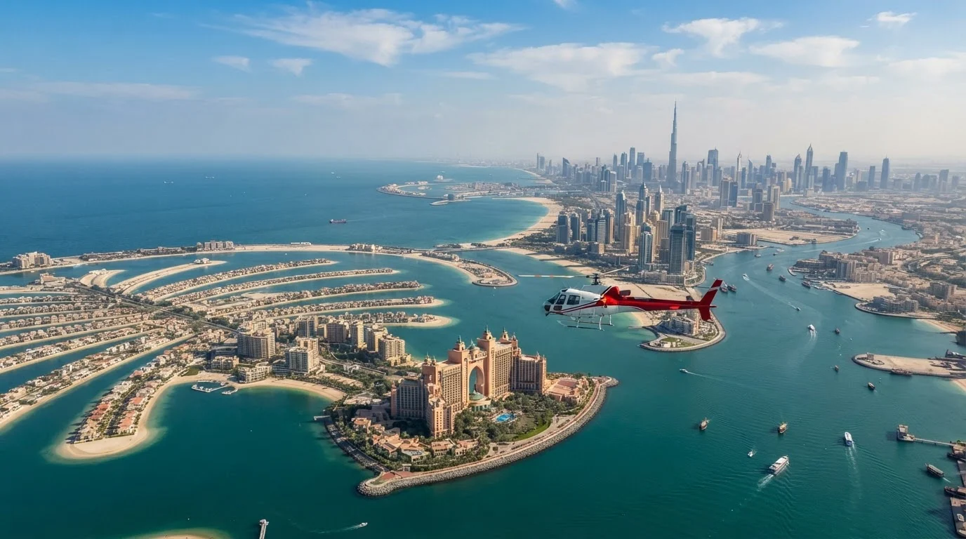 A red and white helicopter flies over the Palm Jumeirah and Atlantis resort toward Dubai's distant skyline.