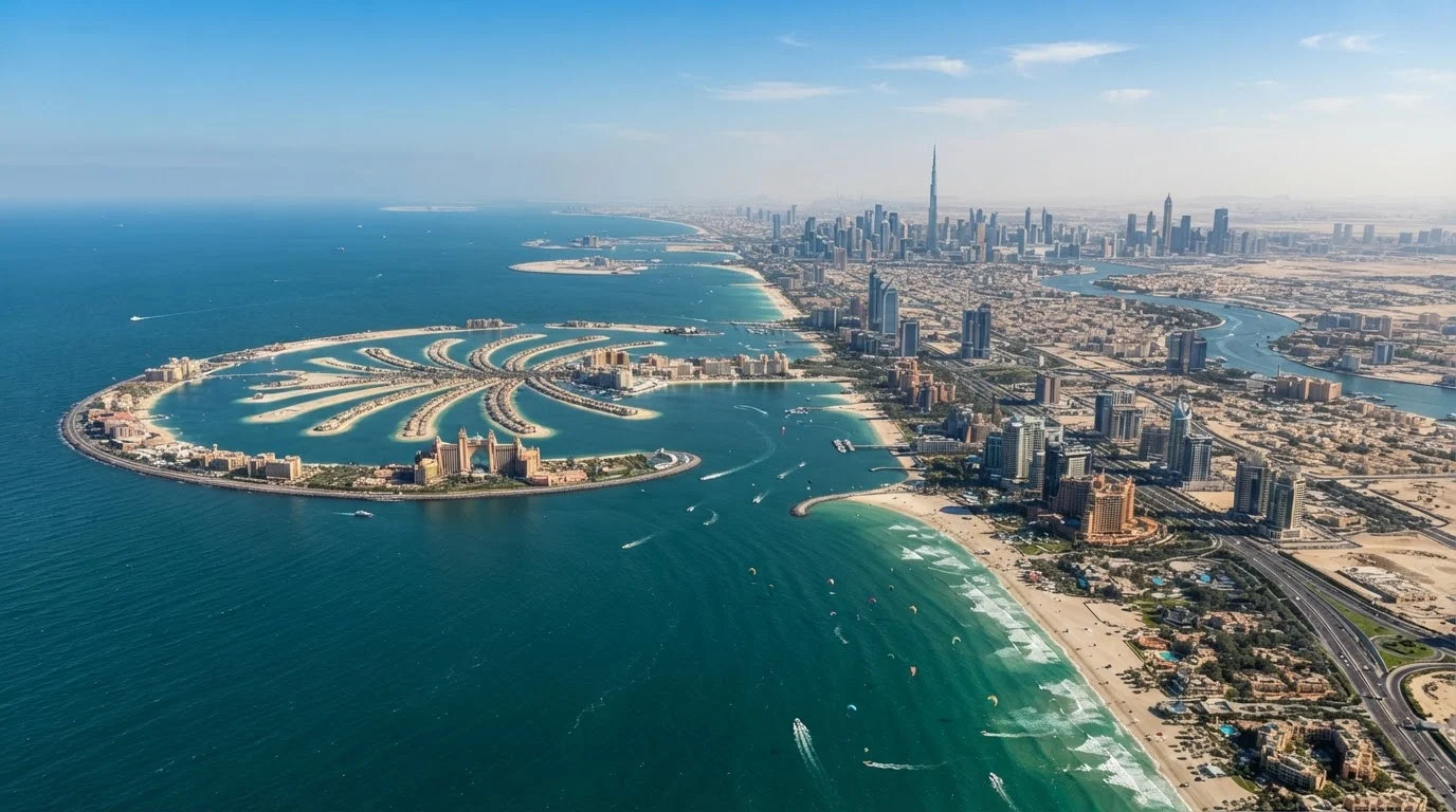 Aerial view of Palm Jumeirah and the Dubai skyline on a bright, sunny day over the turquoise sea.