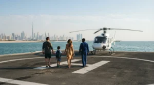 A family with a school-age child walks behind ground crew towards a plain white helicopter on a seaside helipad