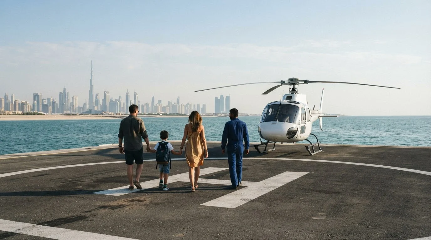 A family with a school-age child walks behind ground crew towards a plain white helicopter on a seaside helipad