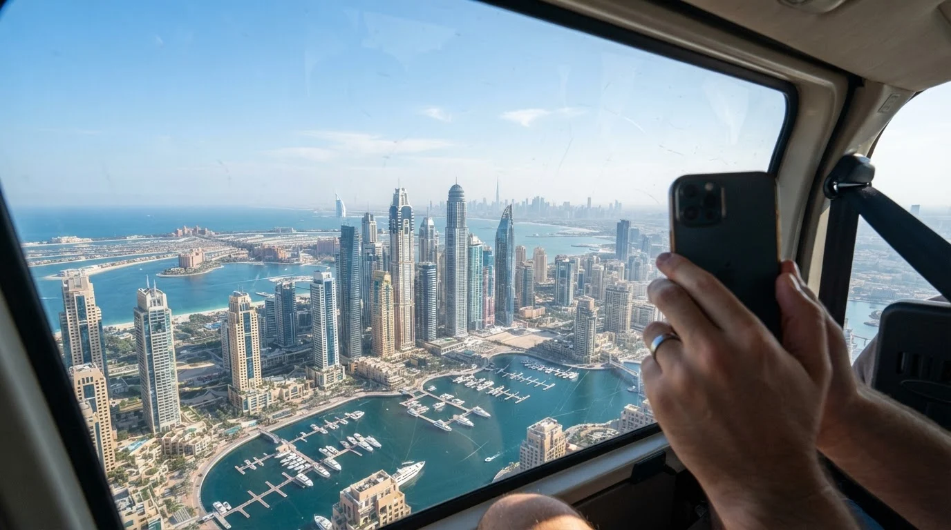 A passenger holds a phone to a helicopter window above the Dubai Marina towers on a bright, clear day