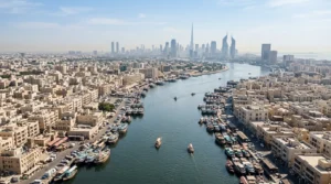 Aerial view of Dubai Creek with dhows moored along both banks, low-rise buildings and distant towers on the skyline