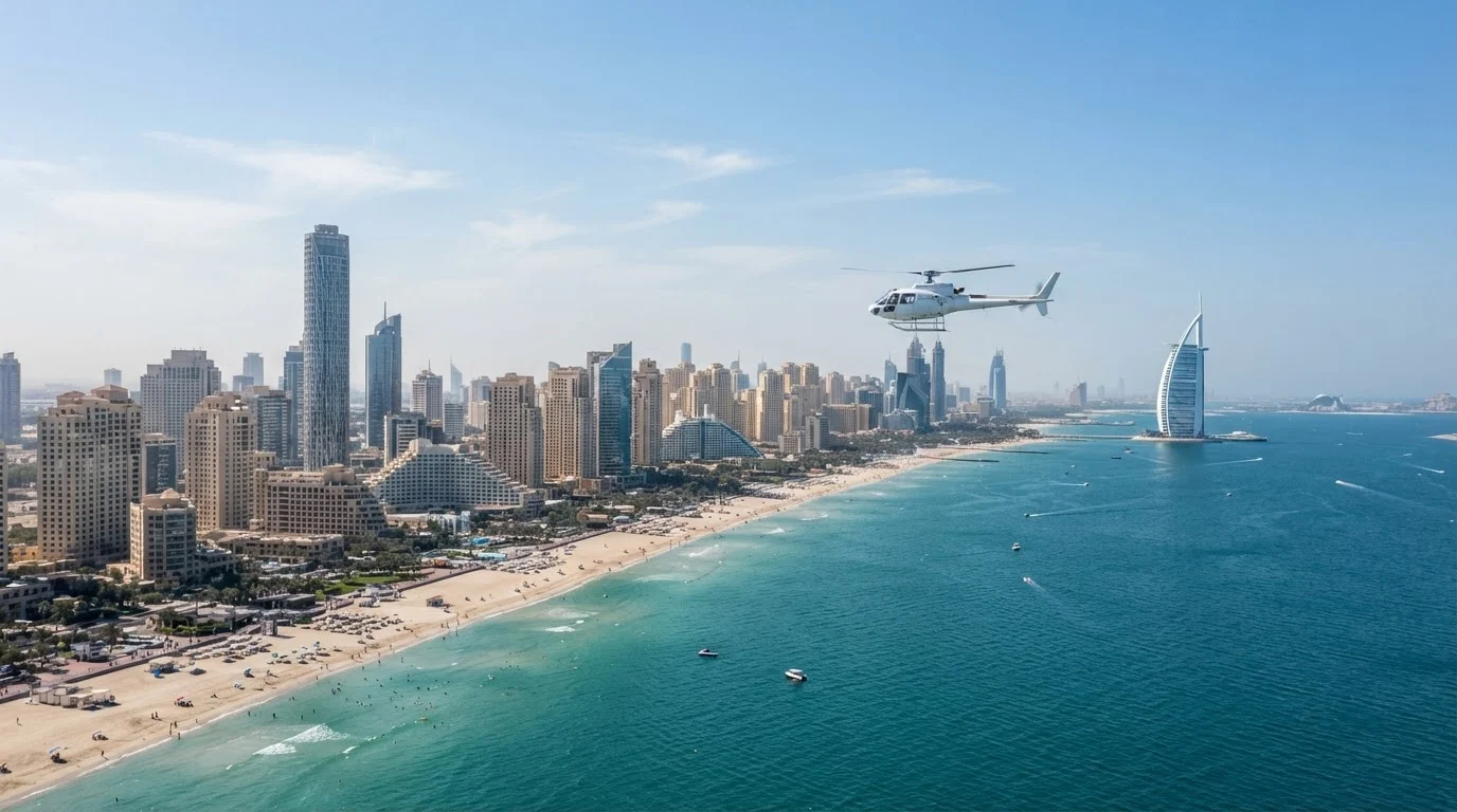Small white helicopter flying over the Dubai coastline with Palm Jumeirah below and Downtown towers behind in daylight