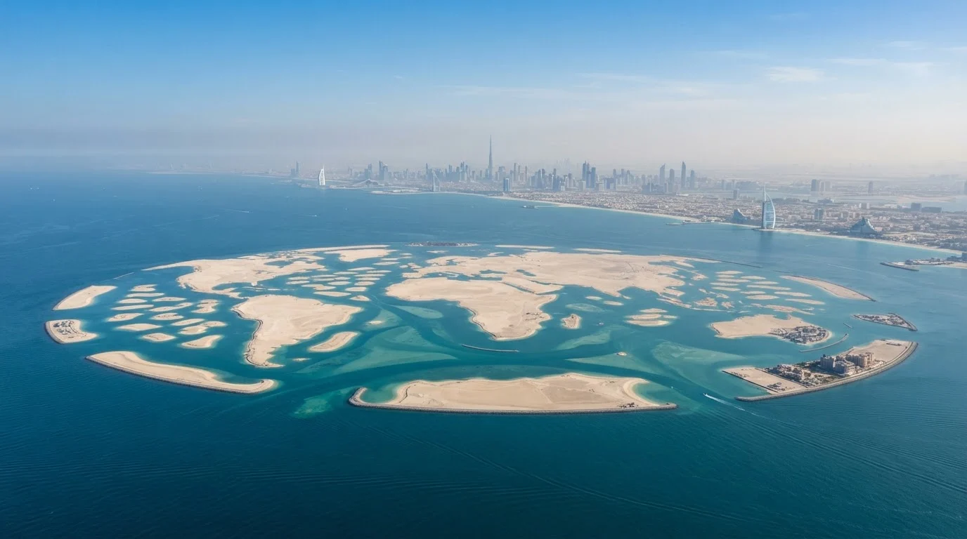 Aerial view of the World Islands off the Dubai coast: sand islands in turquoise water, with the beach and skyline behind