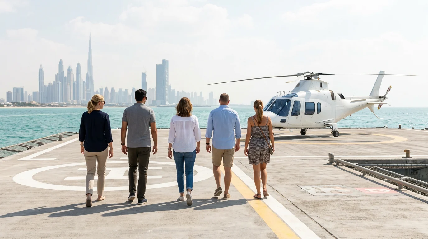 Five people seen from behind walking to a white helicopter on a seaside helipad, Dubai skyline in the distance