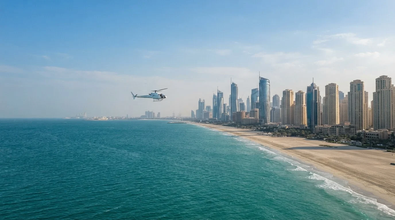 A small white helicopter flying over turquoise sea along a Dubai beach lined with high-rise towers