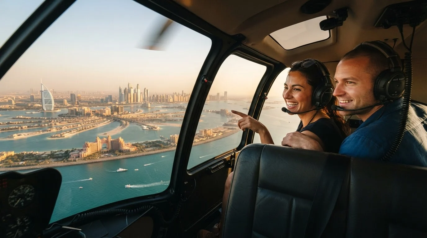 Passengers looking out at the coastline during the best time of day for a helicopter ride in Dubai.